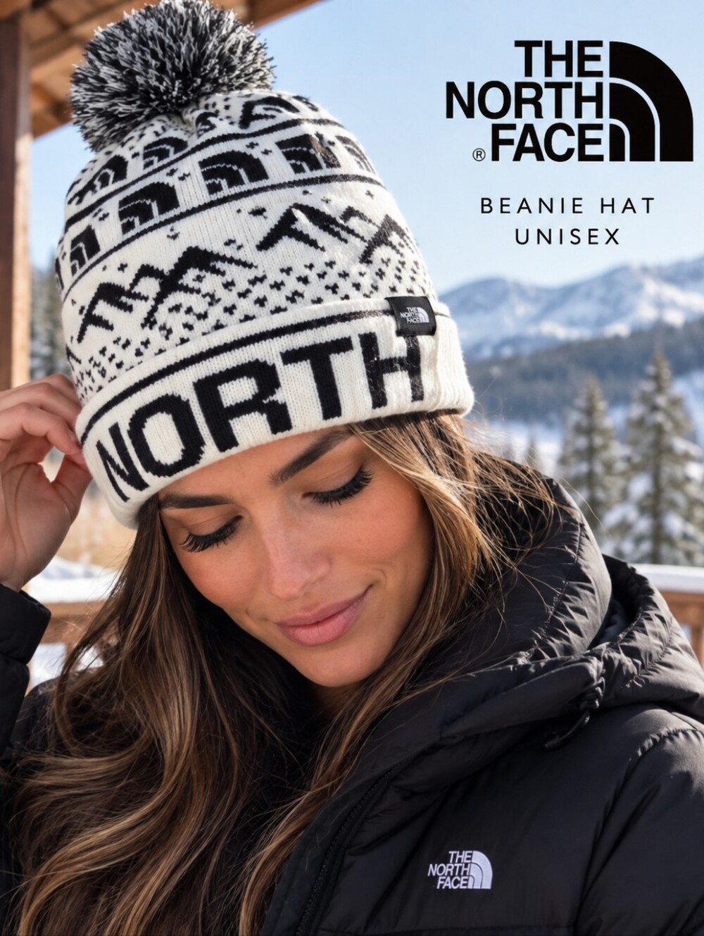 The North Face Pom Pom Beanie Black White Mountain Knit Hat Unisex OS
